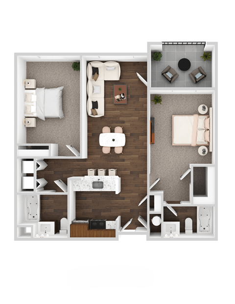 Los Pecos two bedroom two bathroom 1000 sq ft floorplan